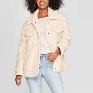 Knox Rose Sherpa Teddy Jacket Size Small Beige Neutral Soft Fuzzy Button Down